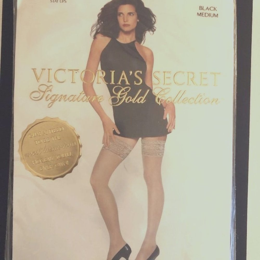 Vintage Victoria's Secret black thigh high hosiery, size med - Picture 1 of 3